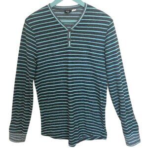 BDG Long Sleeve Striped Henley Shirt S Blue & Black Cotton/Polyester